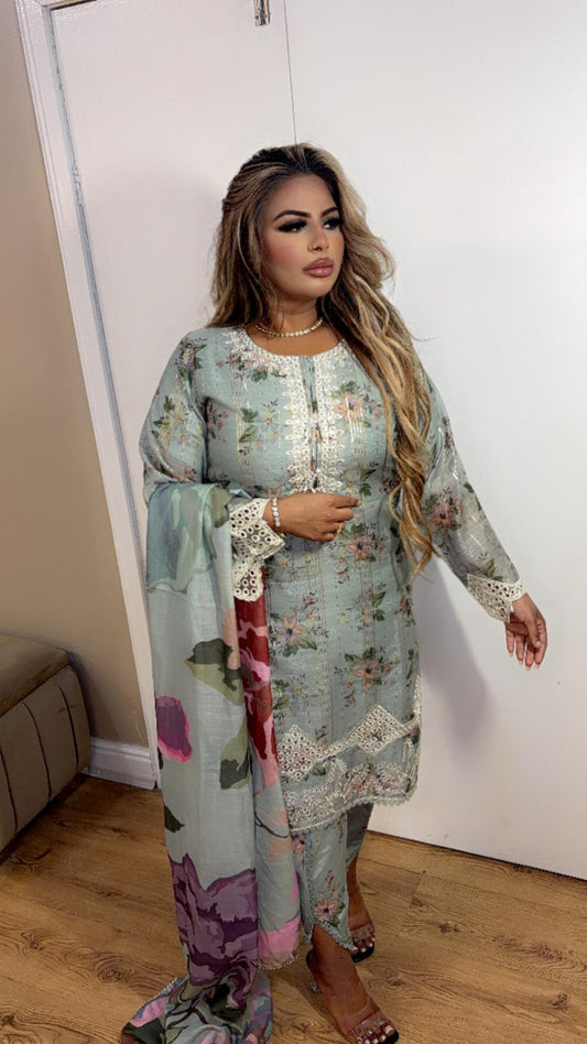 Mint Farshi Floral - Balochi Salwar