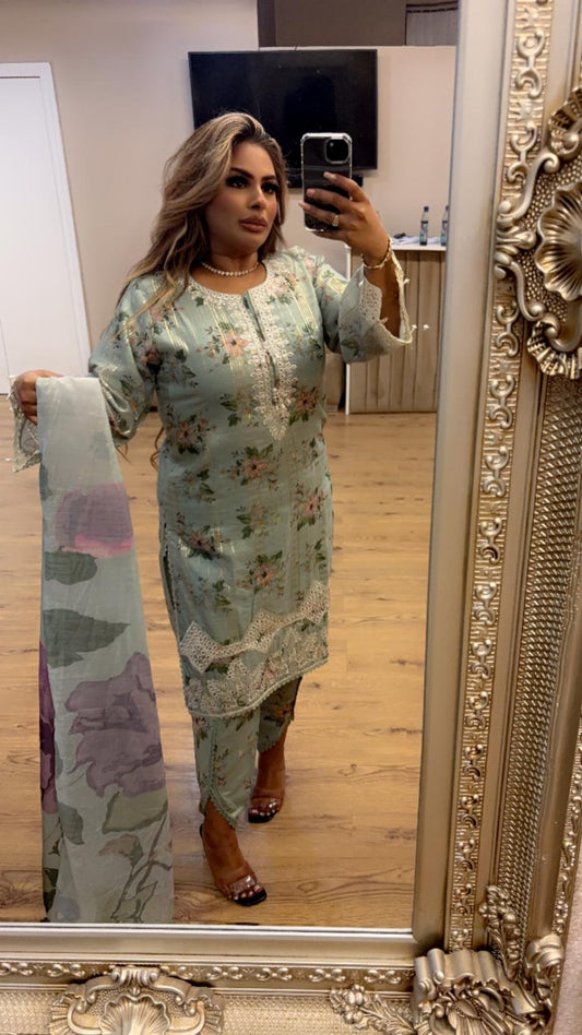 Mint Farshi Floral - Balochi Salwar