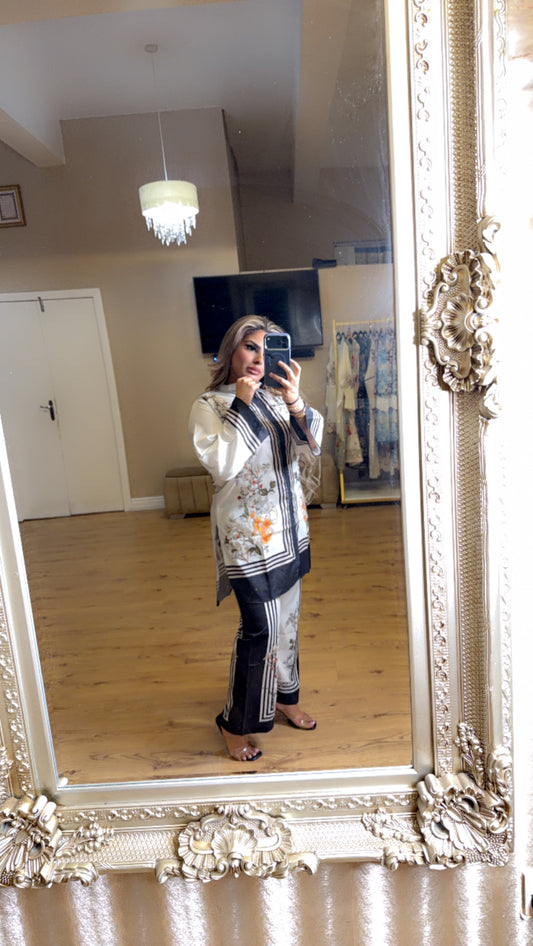 Black + White Floral Printed 2 Piece