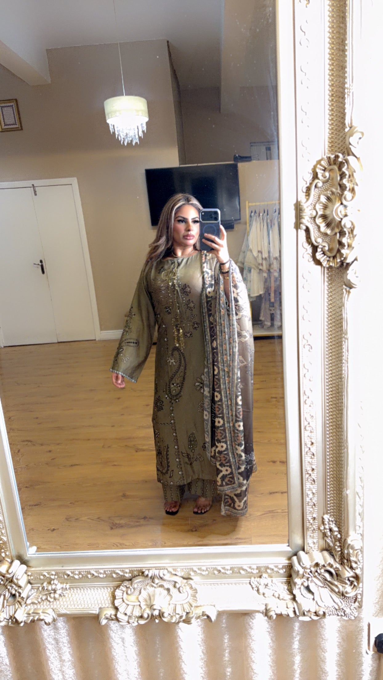 Khaki Printed Palazzo Trousers