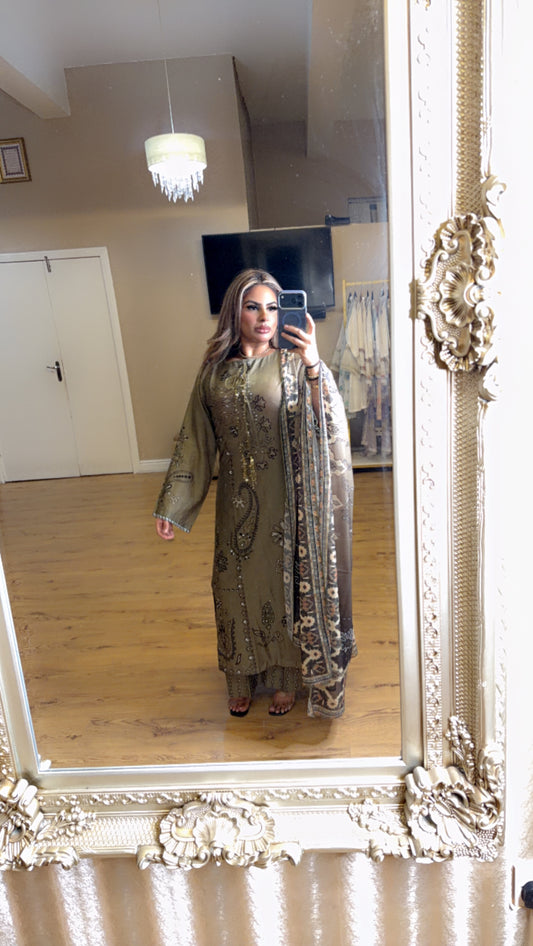 Khaki Printed Palazzo Trousers