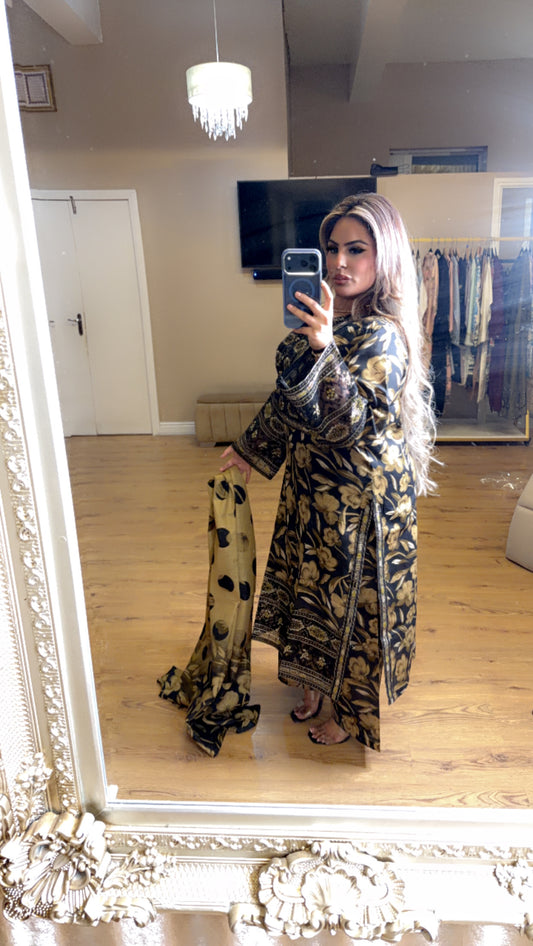 Black + Gold Floral, Palazzo Trousers