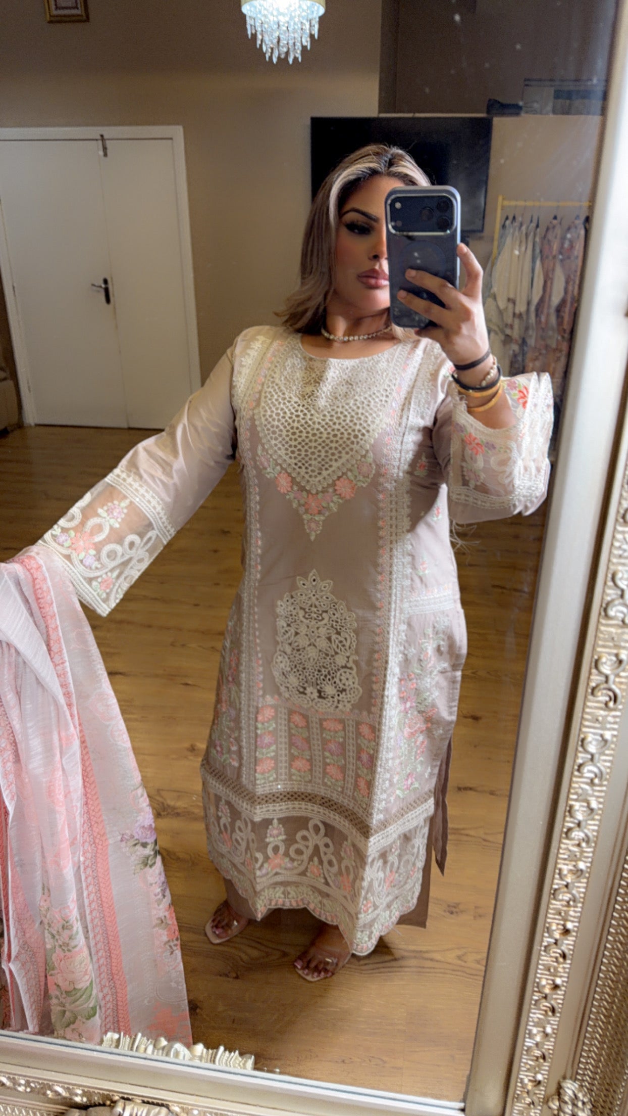 Beige/Pink Floral Embroidery