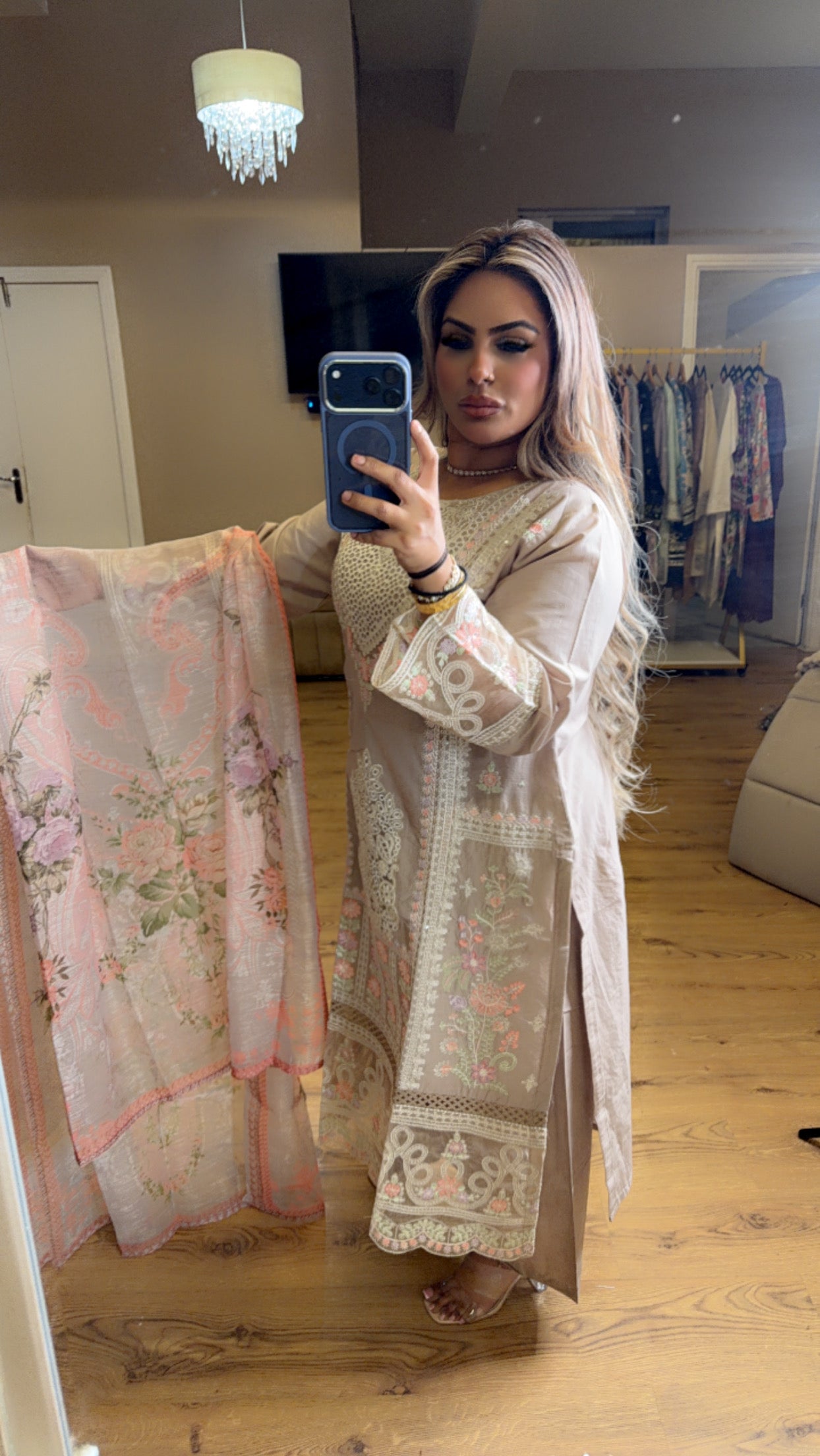 Beige/Pink Floral Embroidery