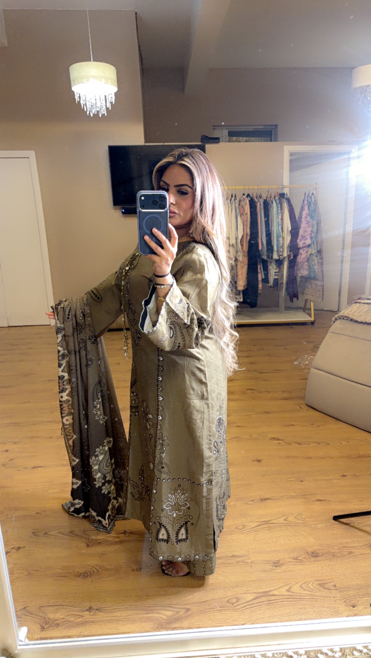 Khaki Printed Palazzo Trousers