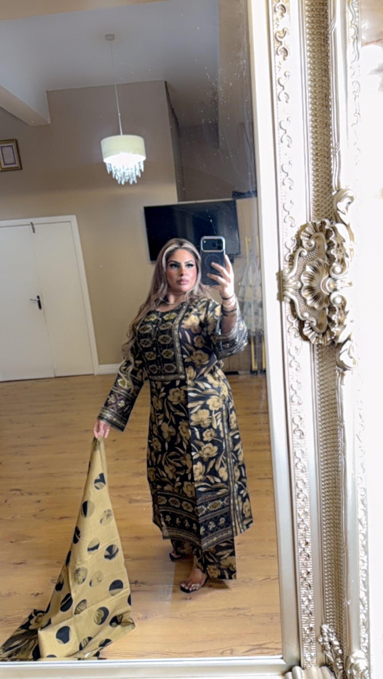 Black + Gold Floral, Palazzo Trousers